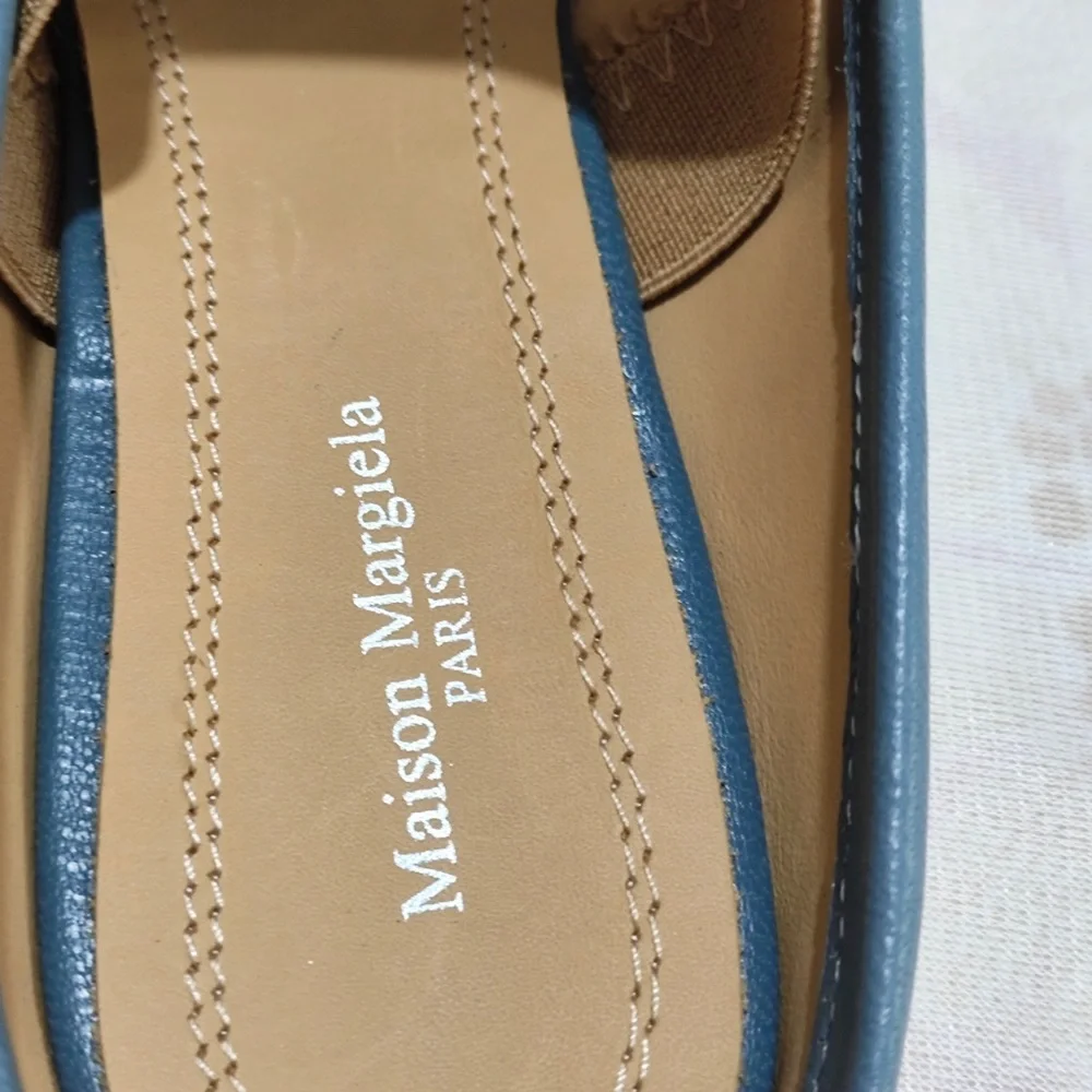 Maison Martin Margiela Teal Blue Leather Tabi Flats with Tan Strap